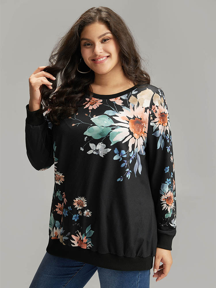 Plus Size Floral Print Round Neck Sweatshirt Women Black Casual Elastic cuffs Round Neck Dailywear Sweatshirts BloomChic 30/6X 