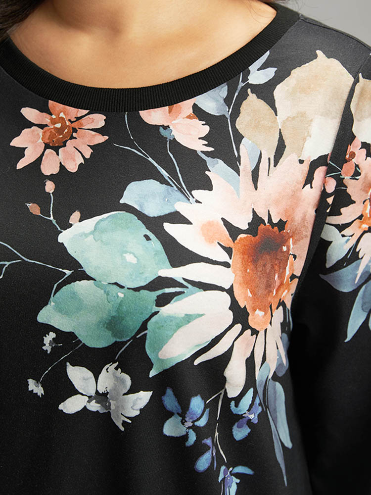 Plus Size Floral Print Round Neck Sweatshirt Women Black Casual Elastic cuffs Round Neck Dailywear Sweatshirts BloomChic 30/6X 