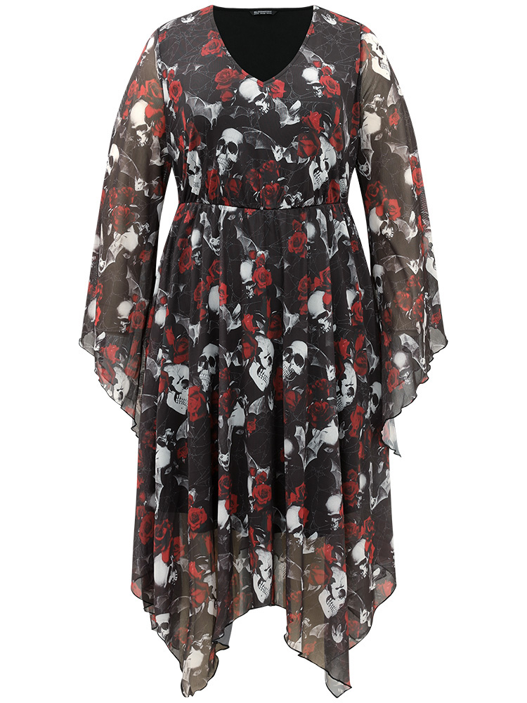 

Plus Size Halloween Skull & Floral Print Bell Sleeve Dress Black Women Elegant See through V-neck Long Sleeve Curvy Midi Dress BloomChic