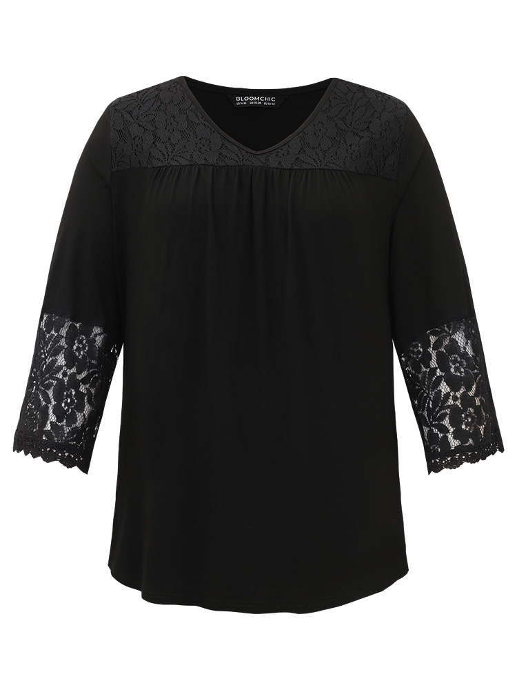 

Solid Lace Insert V Neck T-shirt, Black