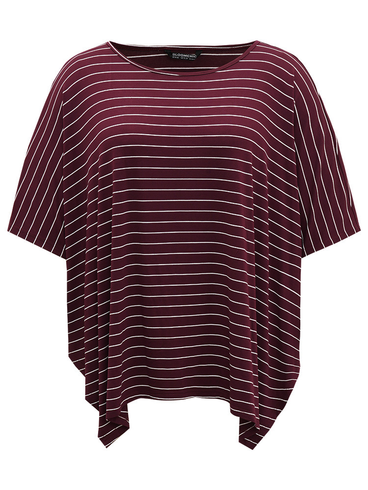 

Striped Asymmetrical Split Hem T-shirt, Purple