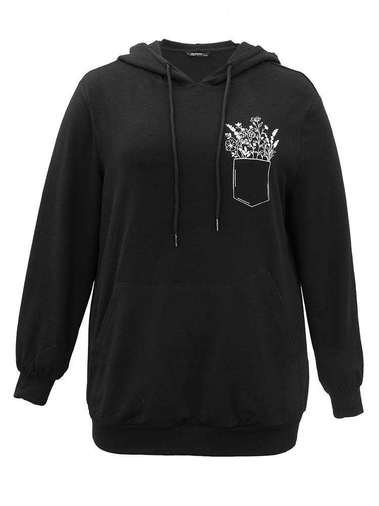 

Plus Size Floral Print Pocket Hooded Drawstring Sweatshirt Women Black Casual Elastic cuffs Dailywear Sweatshirts BloomChic