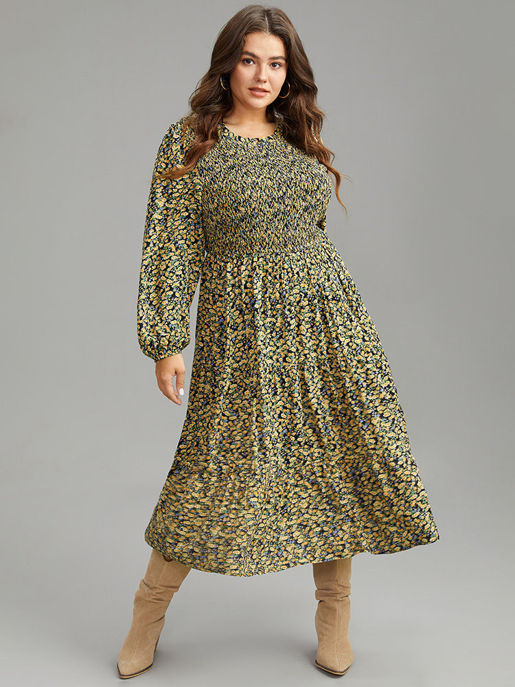 Plus Size Ditsy Floral Shirred Pocket Pleated Frill Trim Dress Black Women Elegant Elastic cuffs Round Neck Long Sleeve Curvy Midi Dress BloomChic 12/L 