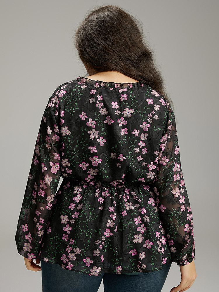 Plus Size Black Floral Print Frill Trim Blouse Women Elegant Long Sleeve V-neck Dailywear Blouses BloomChic 12/L 