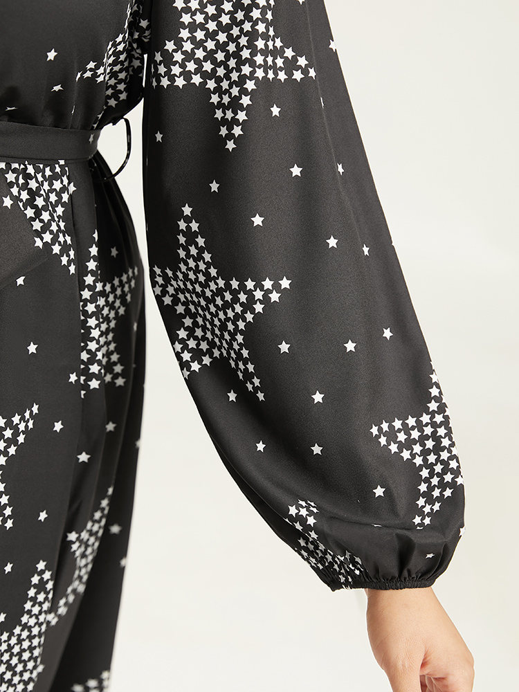 Plus Size Women Dailywear Star and moon Elastic cuffs Lantern Sleeve Long Sleeve V-neck Pocket Belt Casual Dresses BloomChic 