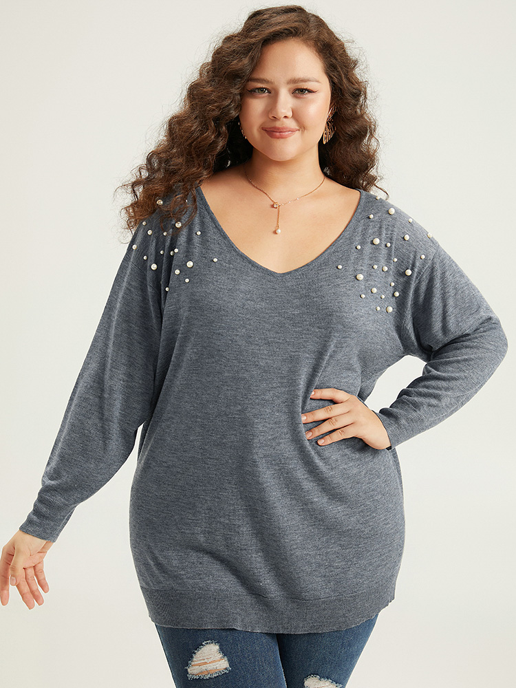 

Plus Size Supersoft Essentials Heather Pearl Beaded V Neck Pullover SlateGray Women Casual Loose Long Sleeve V-neck Dailywear Pullovers BloomChic