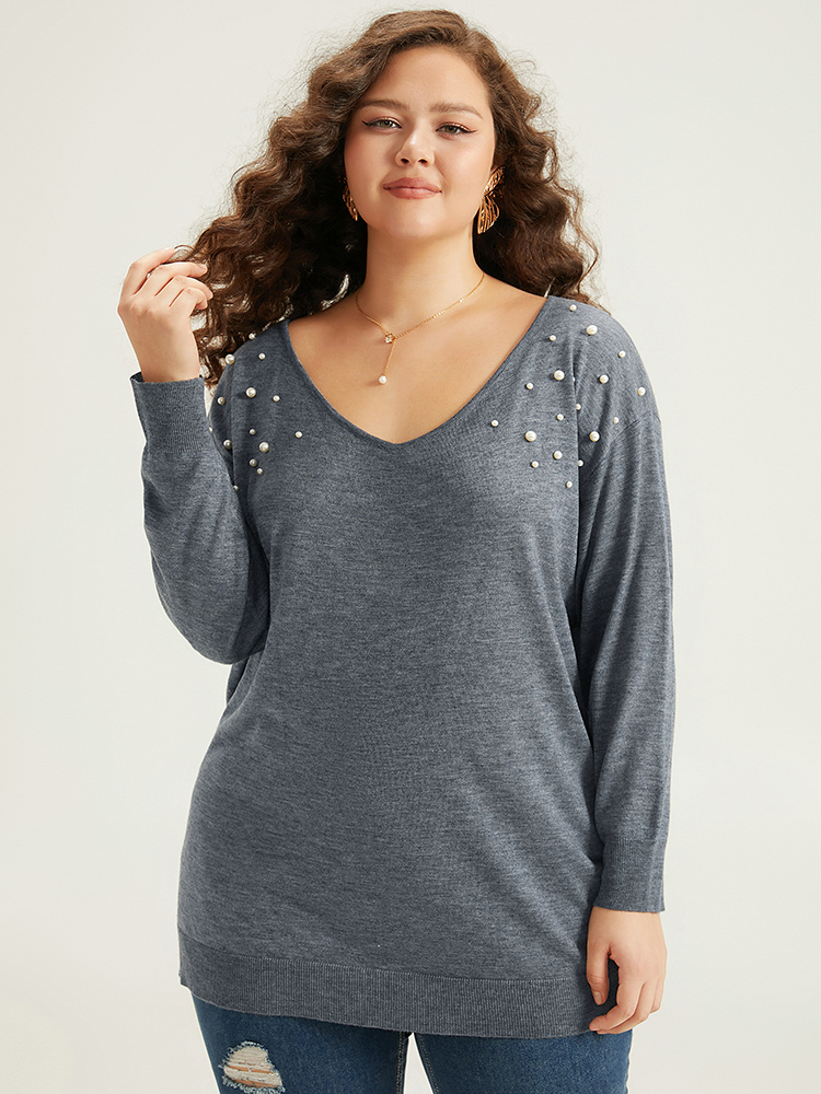 

Plus Size Supersoft Essentials Heather Pearl Beaded V Neck Pullover SlateGray Women Casual Loose Long Sleeve V-neck Dailywear Pullovers BloomChic