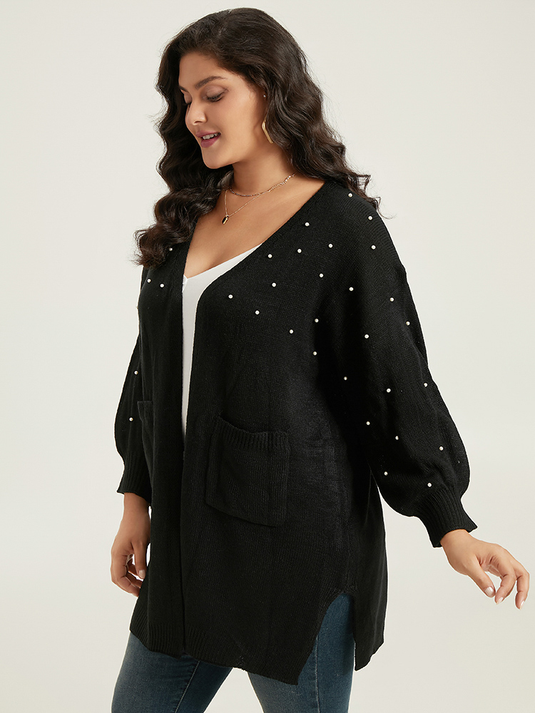 

Plus Size Beaded Split Side Patched Pocket Cardigan Black Women Casual Loose Long Sleeve Everyday Cardigans BloomChic