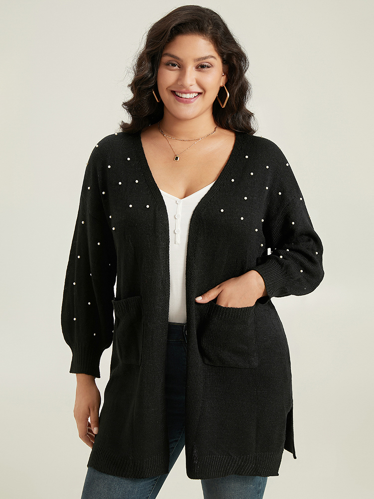 

Plus Size Beaded Split Side Patched Pocket Cardigan Black Women Casual Loose Long Sleeve Everyday Cardigans BloomChic