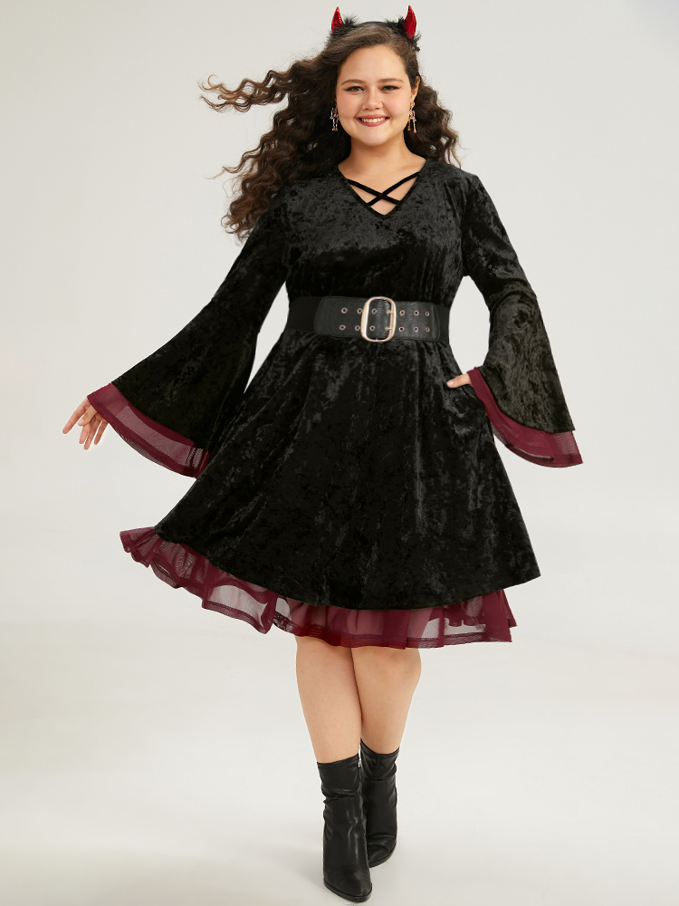 

Plus Size Halloween Velvet Contrast Layered Crisscross Neck Dress Black Women Elegant Plain V-neck Long Sleeve Curvy Knee Dress BloomChic