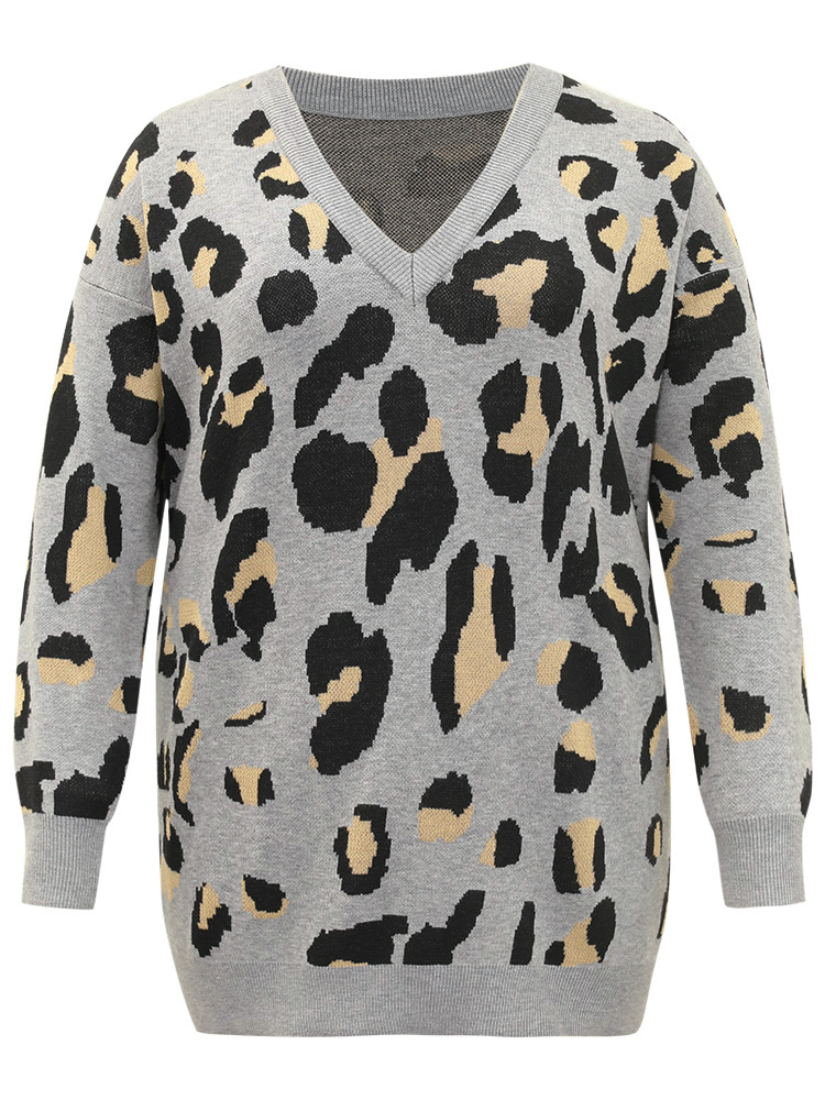 

Plus Size Anti-Pilling Leopard Elastic Cuffs Pullover Leopard Women Casual Loose Long Sleeve V-neck Dailywear Pullovers BloomChic