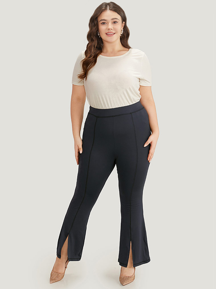 Plus Size Plain Split Hem Flare Leg Leggings Women Indigo Elegant High stretch Flare Leg High Rise Dailywear Leggings BloomChic 22-24/3X 