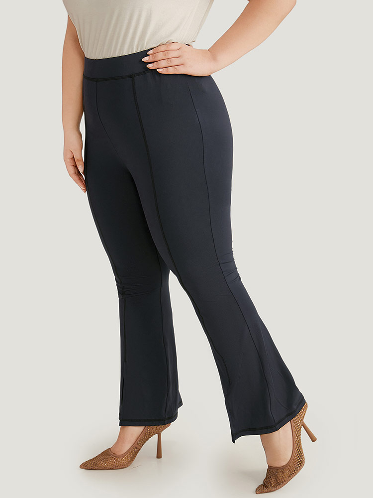 Plus Size Plain Split Hem Flare Leg Leggings Women Indigo Elegant High stretch Flare Leg High Rise Dailywear Leggings BloomChic 22-24/3X 