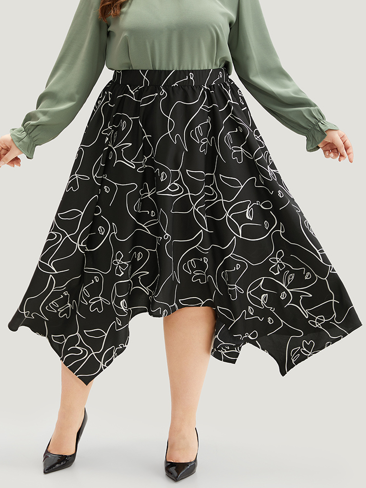 

Plus Size Graffiti Print Elastic Waist Hanky Hem Skirt Women Black Office Elastic Waist No stretch Pocket Work Skirts BloomChic