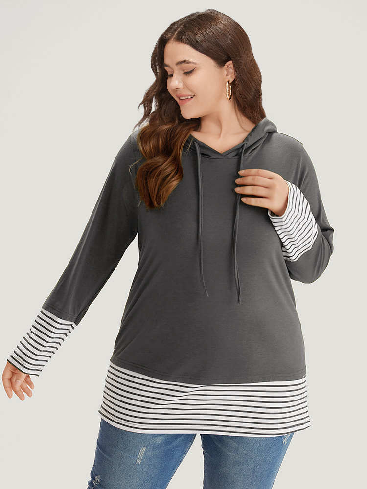 

Plus Size Striped Patchwork Hooded Drawstring T-shirt Gray Women Casual Patchwork Striped Hooded Dailywear T-shirts BloomChic