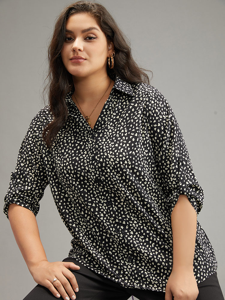 Plus Size Women Work Leopard Button Regular Sleeve Elbow-length sleeve Shirt collar Office Blouses BloomChic 