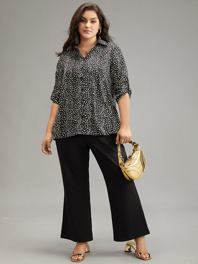 

Plus Size Black Leopard Print Shirt Collar Button Through Blouse Women Office Elbow-length sleeve Shirt collar Work Blouses BloomChic