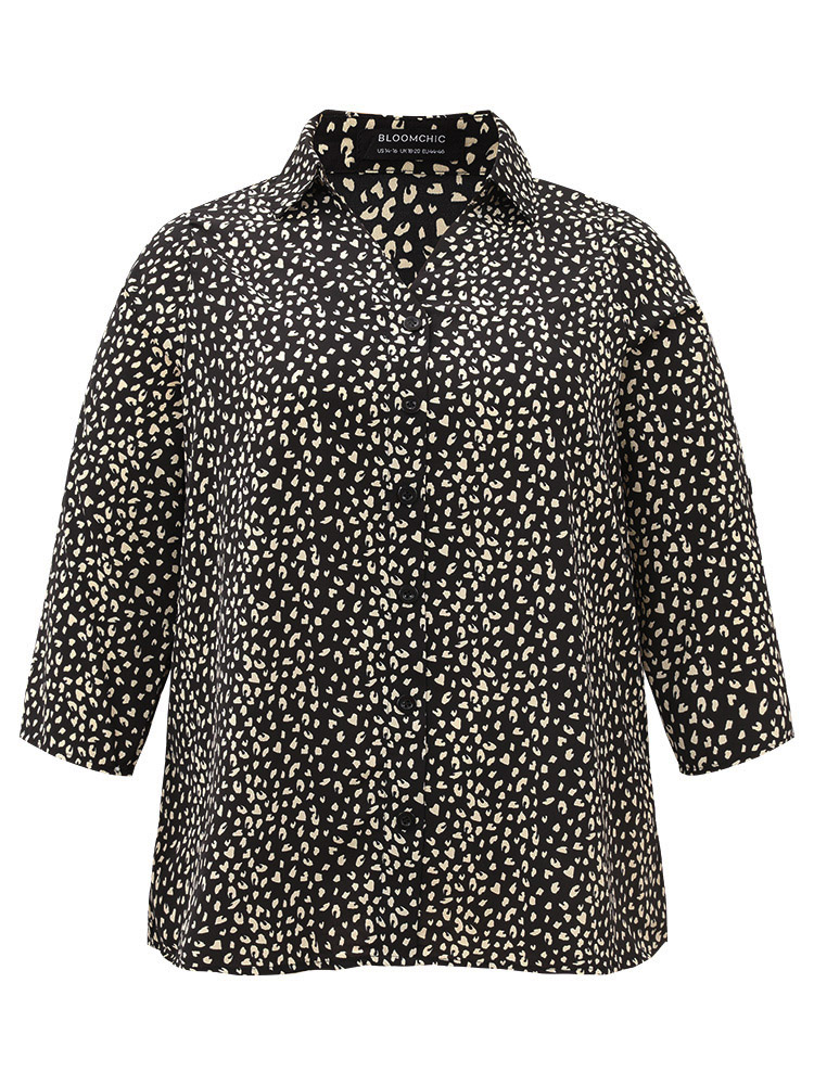 Plus Size Women Work Leopard Button Regular Sleeve Elbow-length sleeve Shirt collar Office Blouses BloomChic 