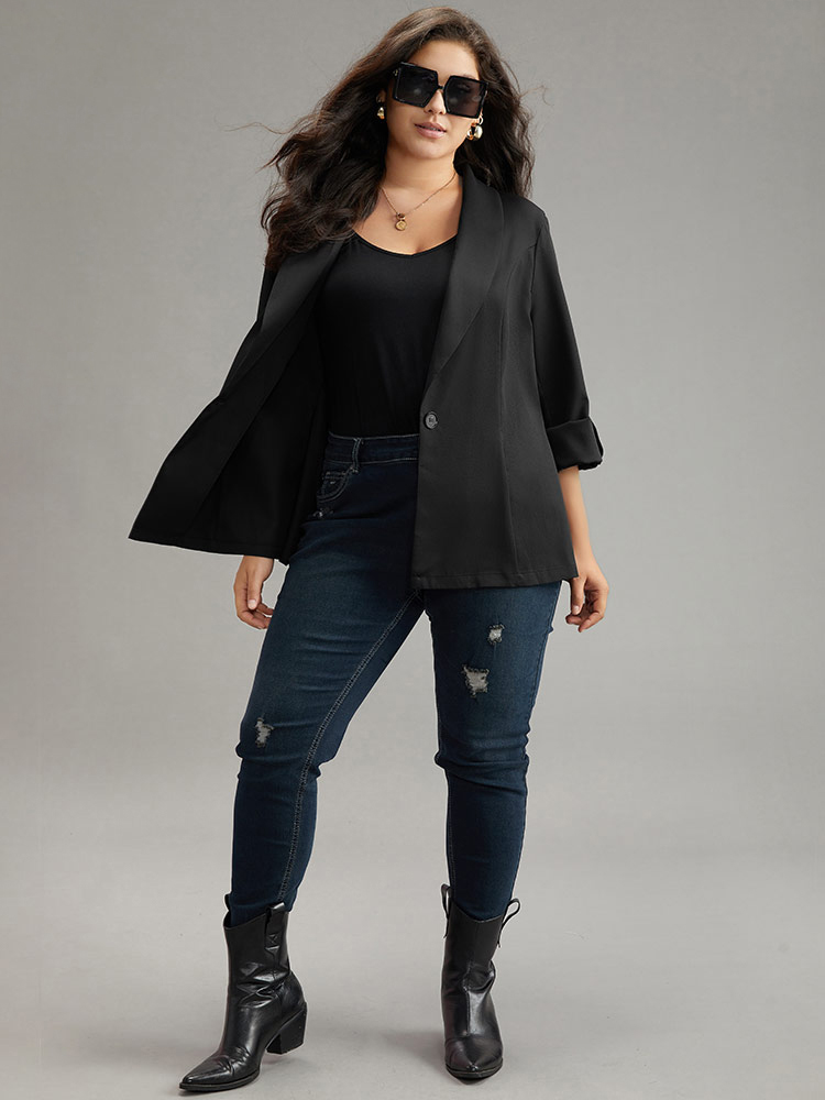 Plus Size Plain Roll Tab Sleeve Lapel Collar Blazer Black Women Dailywear Plain Plain Sleeve Long Sleeve Lapel Collar 14-16/1X Casual Blazers BloomChic 