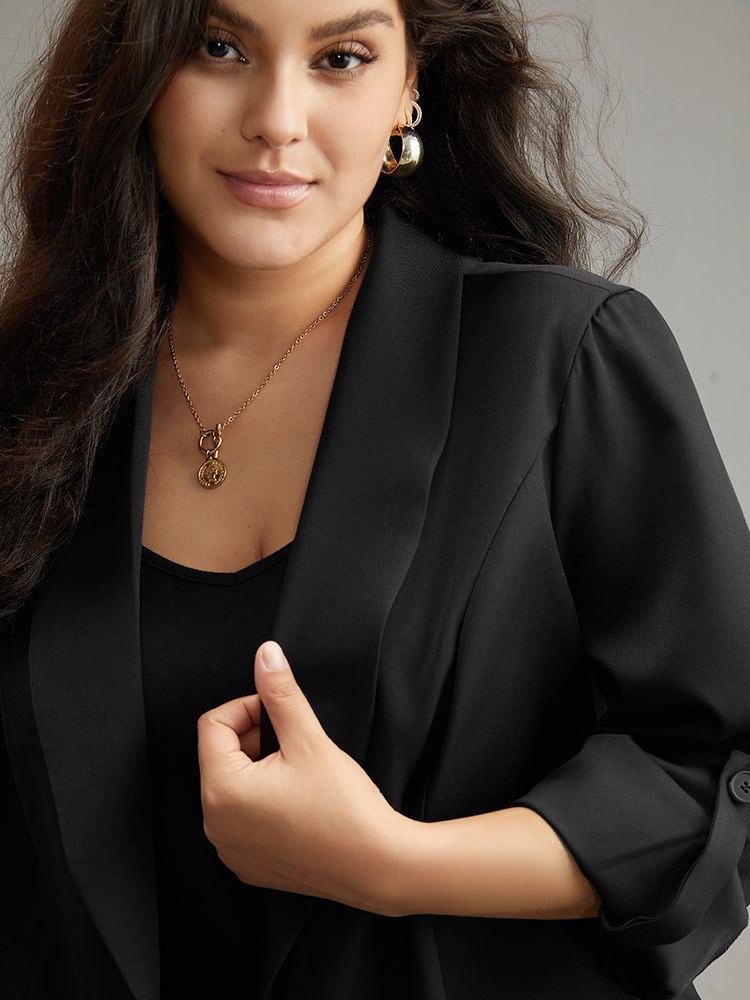 Plus Size Plain Roll Tab Sleeve Lapel Collar Blazer Black Women Dailywear Plain Plain Sleeve Long Sleeve Lapel Collar 14-16/1X Casual Blazers BloomChic 