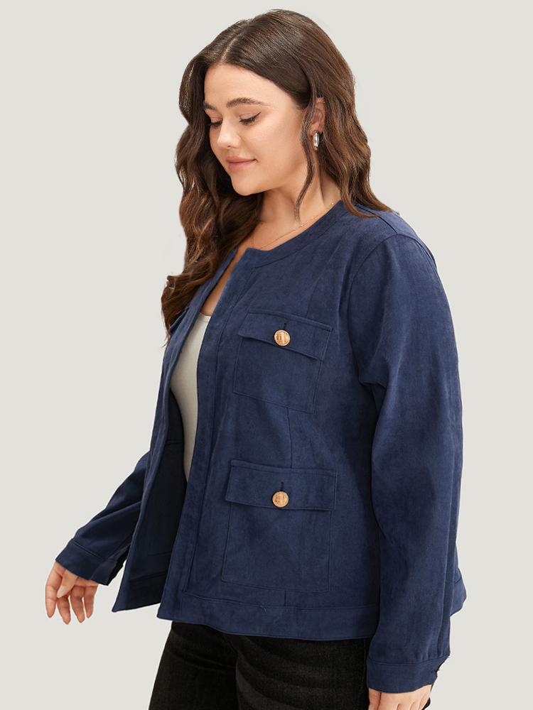 Plus Size Vintage Buckle Detail Pocket Open Front Corduroy Coat Women Indigo Casual Plain Ladies Dailywear Winter Coats BloomChic 14-16/1X 