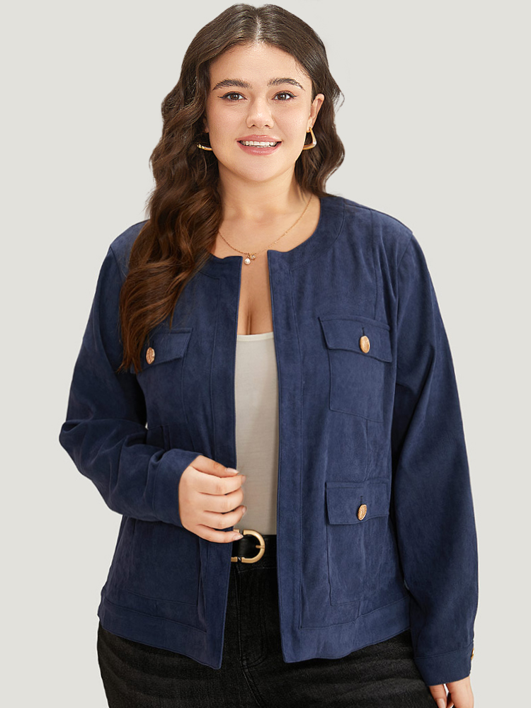 Plus Size Vintage Buckle Detail Pocket Open Front Corduroy Coat Women Indigo Casual Plain Ladies Dailywear Winter Coats BloomChic 14-16/1X 