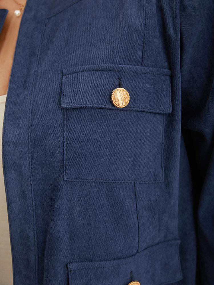 Plus Size Vintage Buckle Detail Pocket Open Front Corduroy Coat Women Indigo Casual Plain Ladies Dailywear Winter Coats BloomChic 14-16/1X 