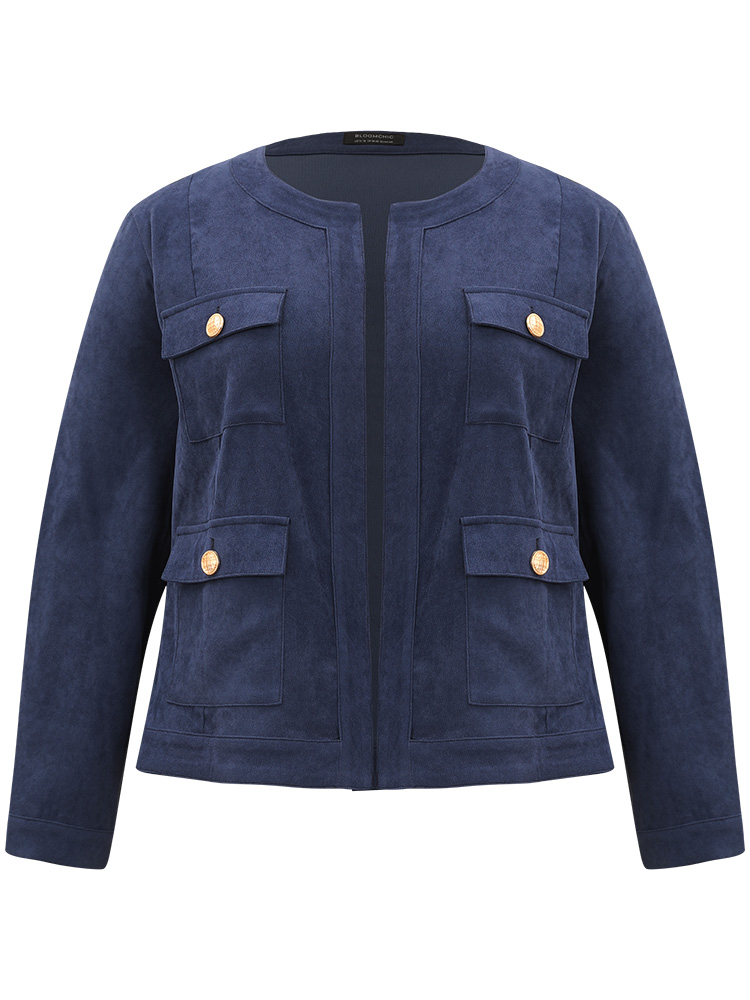 Plus Size Vintage Buckle Detail Pocket Open Front Corduroy Coat Women Indigo Casual Plain Ladies Dailywear Winter Coats BloomChic 14-16/1X 