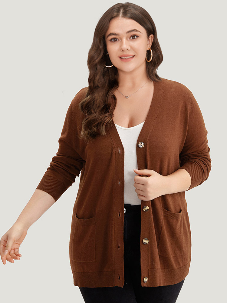 

Plus Size Supersoft Essentials Button Up Patched Pocket Cardigan Maroon Women Casual Loose Long Sleeve Everyday Cardigans BloomChic