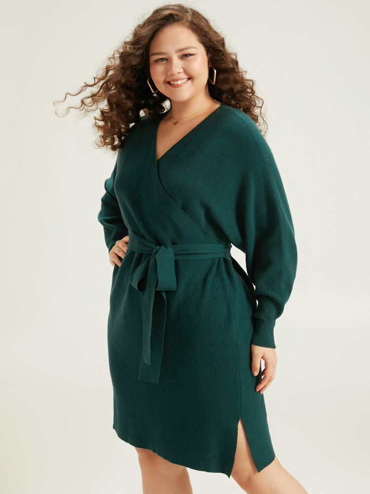 

Plus Size Supersoft Essentials Solid Belted Split Batwing Sleeve Sweater Dress DarkGreen Women Casual Loose Long Sleeve Dailywear Sweater Dresses BloomChic