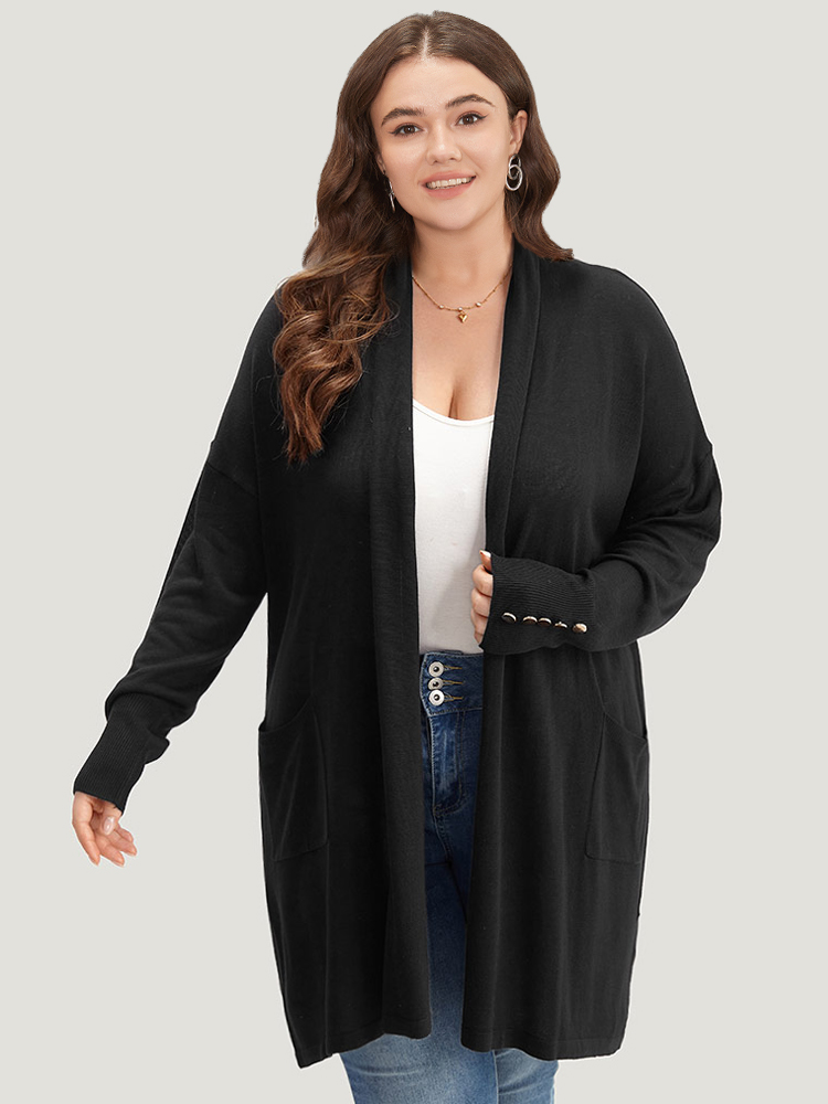 

Plus Size Supersoft Essentials Button Detail Lapel Collar Cardigan Black Women Basics Loose Long Sleeve Everyday Cardigans BloomChic