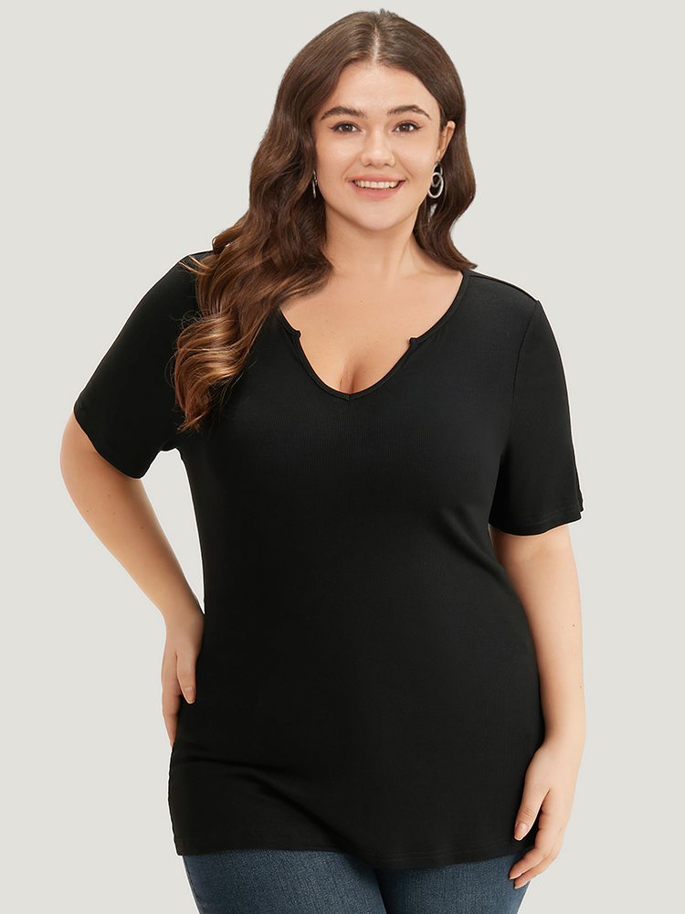 

Plus Size Rib Knit Plain Notched T-shirt Black Women Casual Plain Plain Notched collar Dailywear T-shirts BloomChic