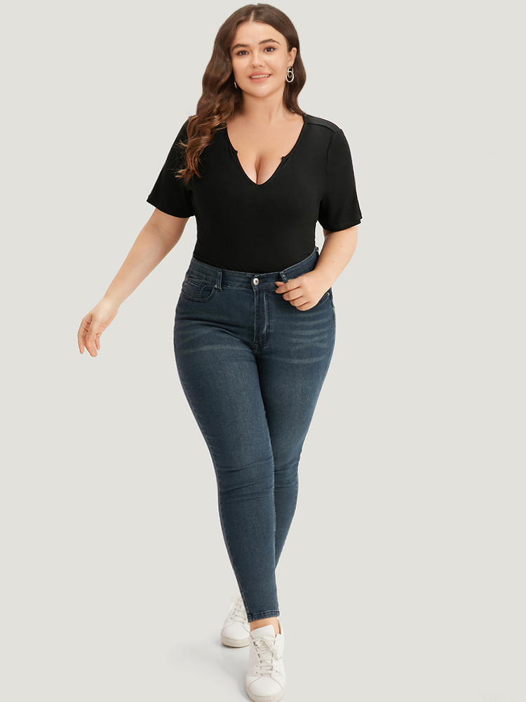 

Plus Size Rib Knit Plain Notched T-shirt Black Women Casual Plain Plain Notched collar Dailywear T-shirts BloomChic