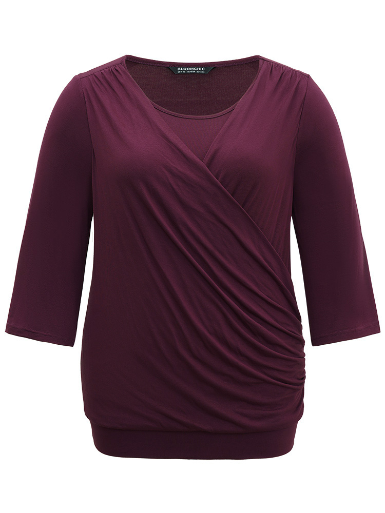 

Plus Size Supersoft Essentials Plain Crossover T-shirt Eggplant Overlap Collar Elbow-length sleeve Elegant Jersey Tops