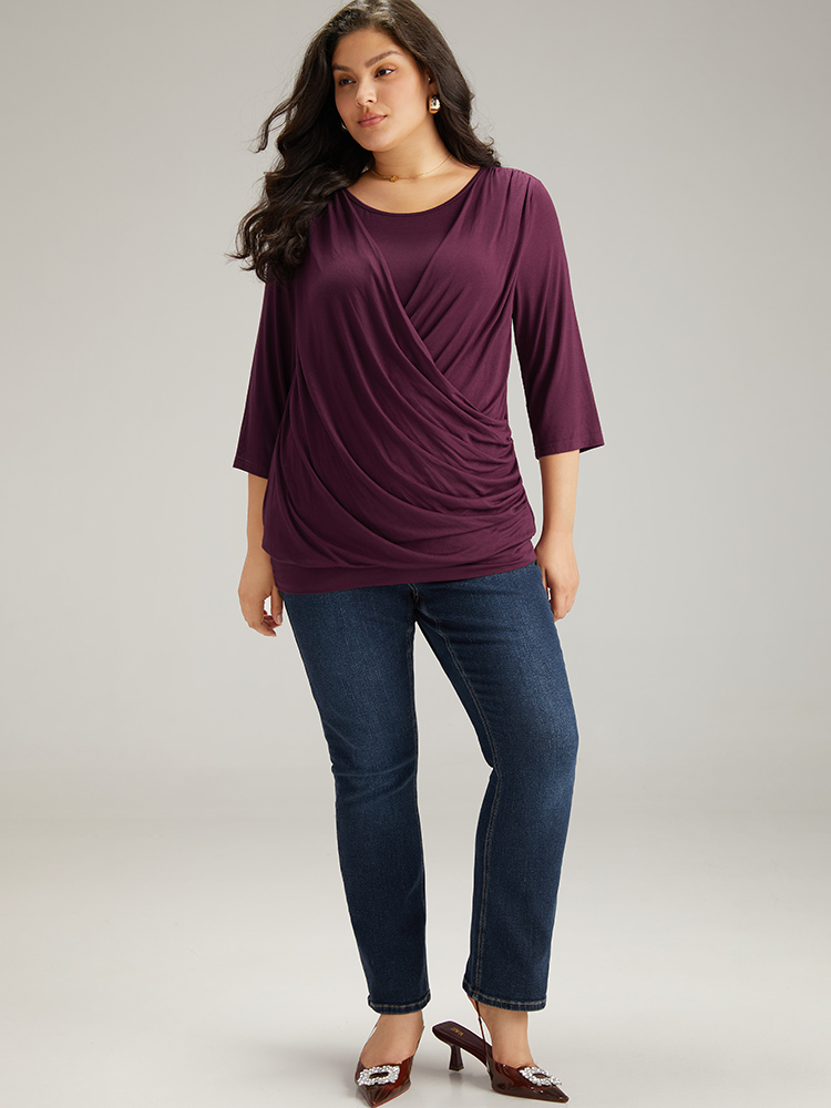 

Plus Size Supersoft Essentials Plain Crossover T-shirt Eggplant Overlap Collar Elbow-length sleeve Elegant Jersey Tops