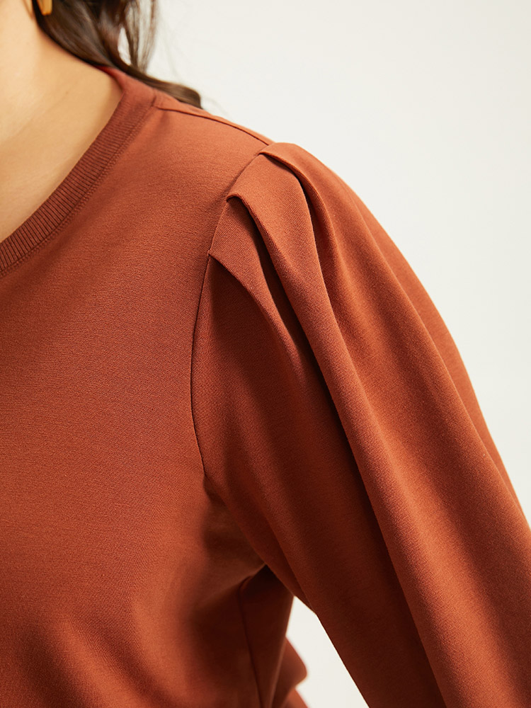 

Plus Size Solid Pleated Detail Elastic Cuffs Sweatshirt Women Rust Casual Elastic cuffs Round Neck Dailywear Sweatshirts BloomChic