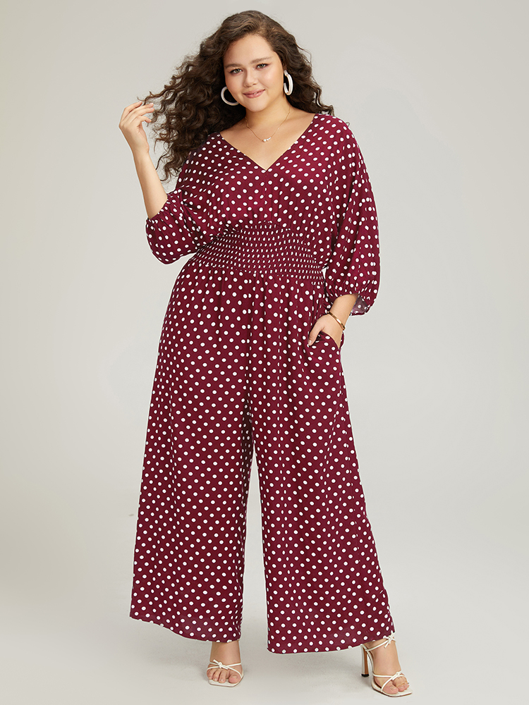 

Plus Size Scarlet Polka Dot V Neck Knot Backless Lantern Sleeve Jumpsuit Women Elegant Elbow-length sleeve V-neck Dailywear Loose Jumpsuits BloomChic