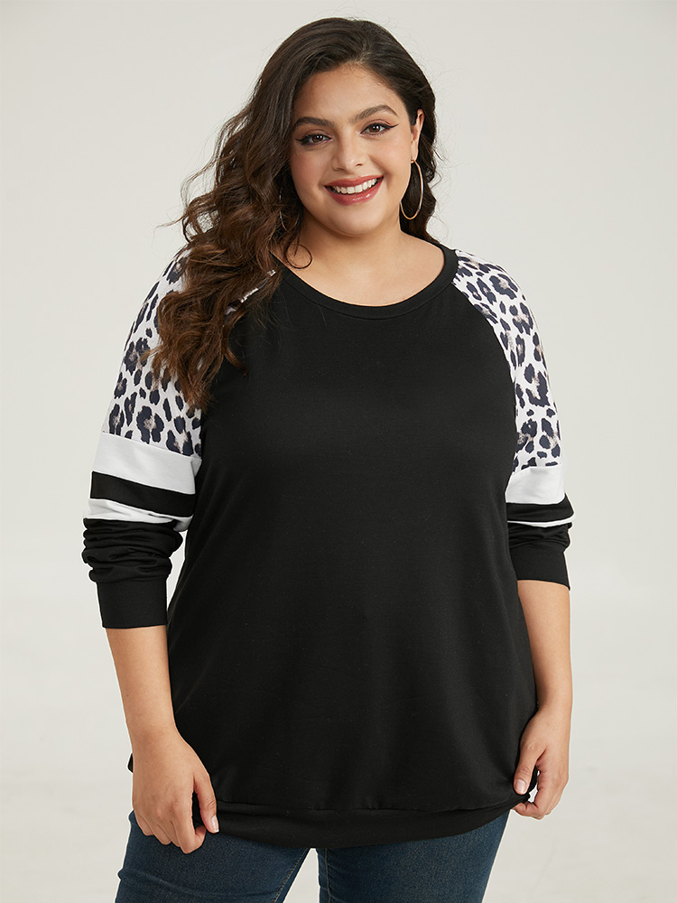 

Plus Size Leopard Striped Patchwork Raglan Sleeve Sweatshirt Women Black Casual Contrast Round Neck Dailywear Sweatshirts BloomChic