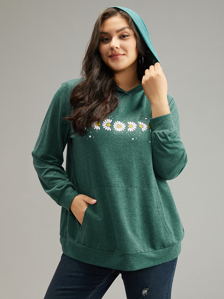 Plus Size Women Dailywear Natural Flowers Printed Regular Regular Sleeve Long Sleeve Hooded Pocket Casual Sweatshirts BloomChic 