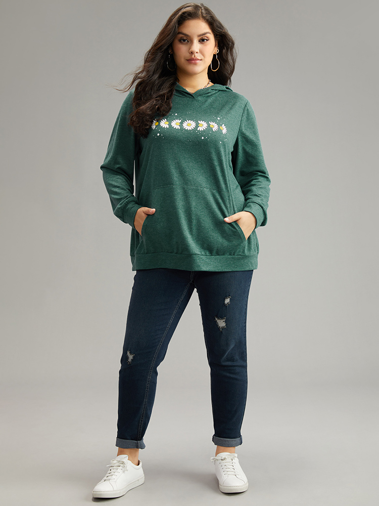 Plus Size Women Dailywear Natural Flowers Printed Regular Regular Sleeve Long Sleeve Hooded Pocket Casual Sweatshirts BloomChic 