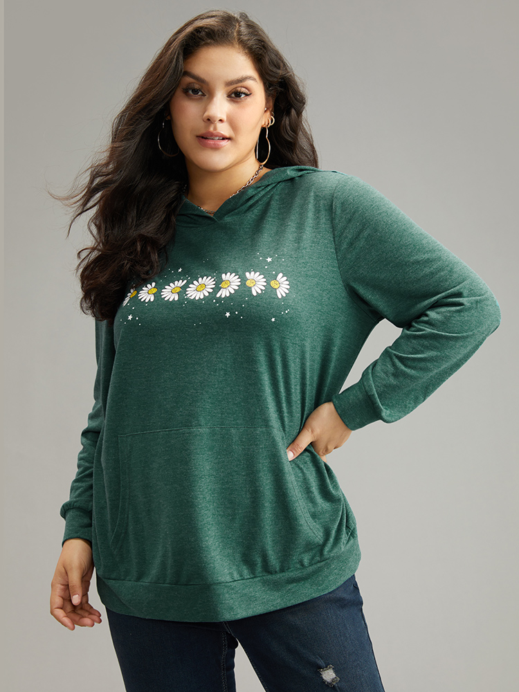 Plus Size Women Dailywear Natural Flowers Printed Regular Regular Sleeve Long Sleeve Hooded Pocket Casual Sweatshirts BloomChic 