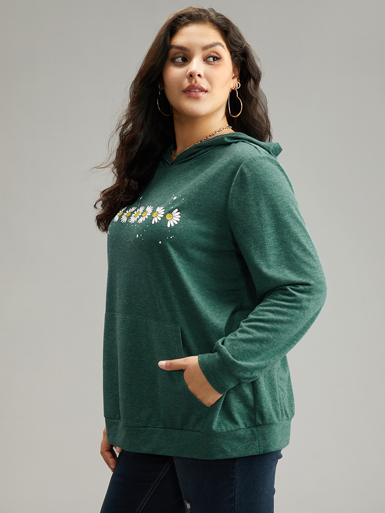 Plus Size Women Dailywear Natural Flowers Printed Regular Regular Sleeve Long Sleeve Hooded Pocket Casual Sweatshirts BloomChic 