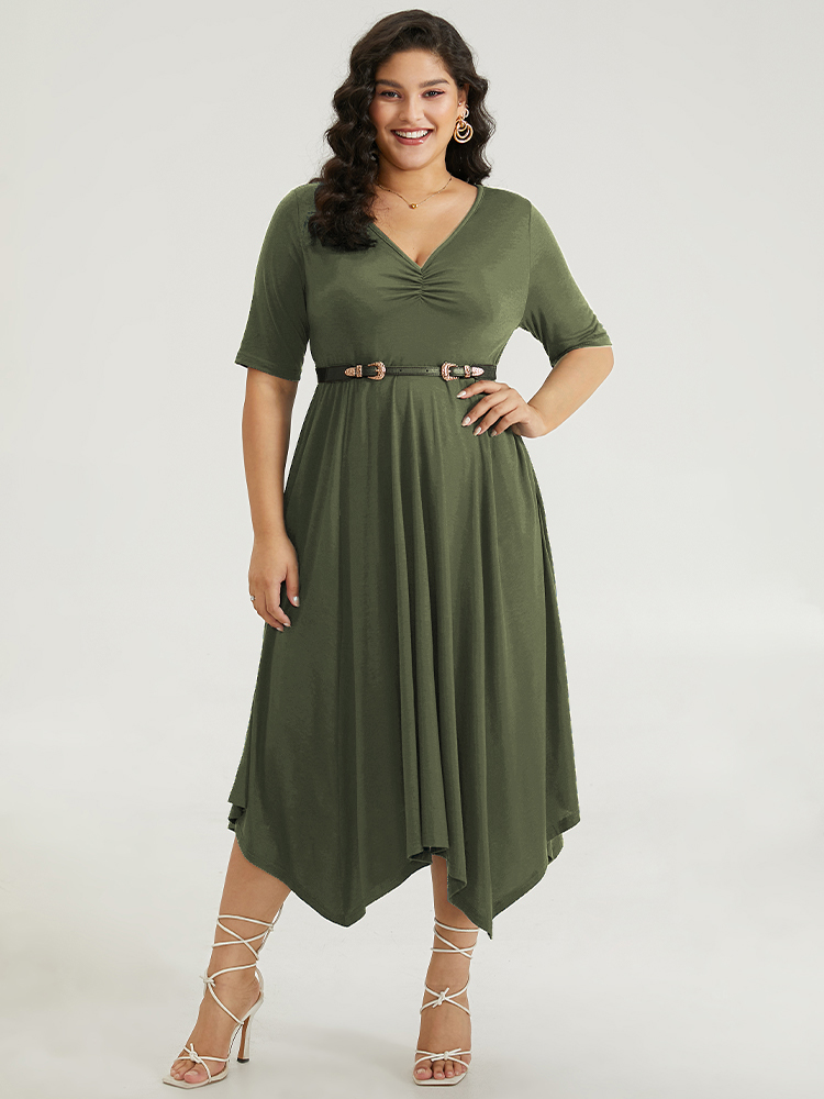 

Plus Size Solid Ruched Pocket Asymmetrical Hem Dress ArmyGreen Women Elegant Gathered V-neck Short sleeve Curvy Midi Dress BloomChic