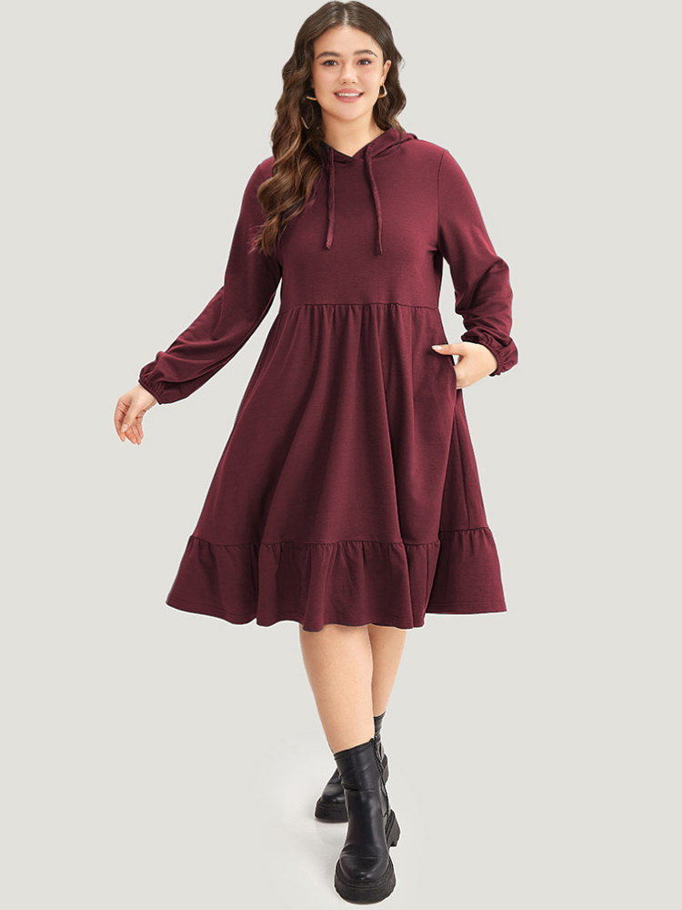 

Plus Size Hooded Lantern Sleeve Flutter Hem Dress Scarlet Women Casual Elastic cuffs Hooded Long Sleeve Curvy Midi Dress BloomChic