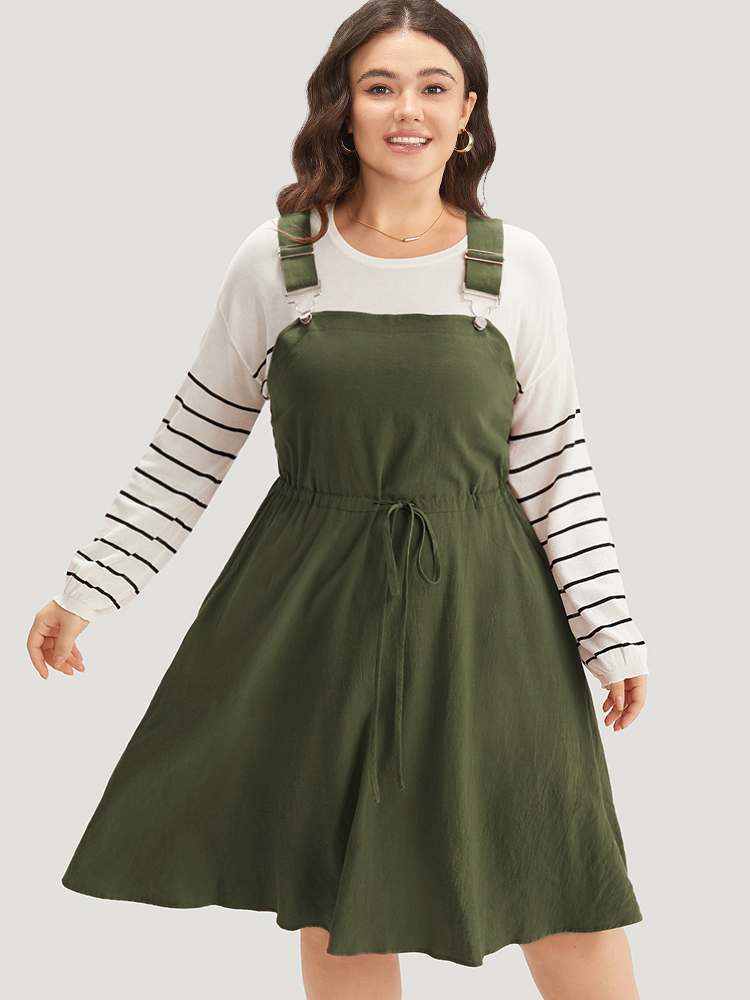 

Plus Size Plain Drawstring Pocket Metal Detail Suspender Skirt ArmyGreen Women Casual Adjustable Straps Spaghetti Strap Sleeveless Curvy Midi Dress BloomChic