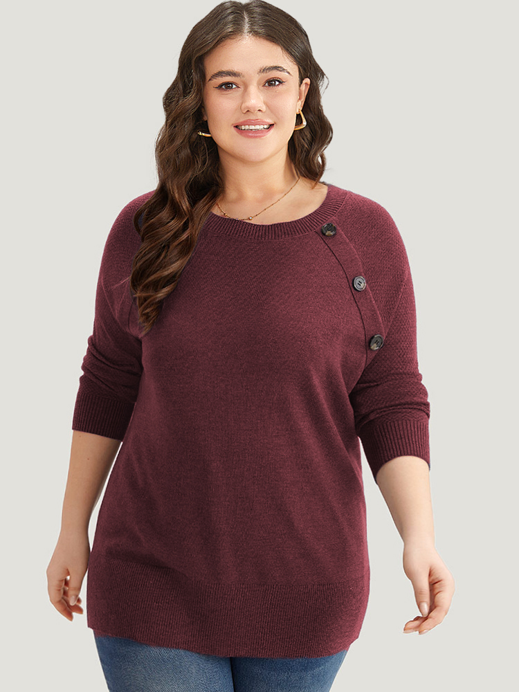 

Plus Size Supersoft Essentials Button Detail Raglan Sleeve Pullover Scarlet Women Casual Long Sleeve Round Neck Dailywear Pullovers BloomChic