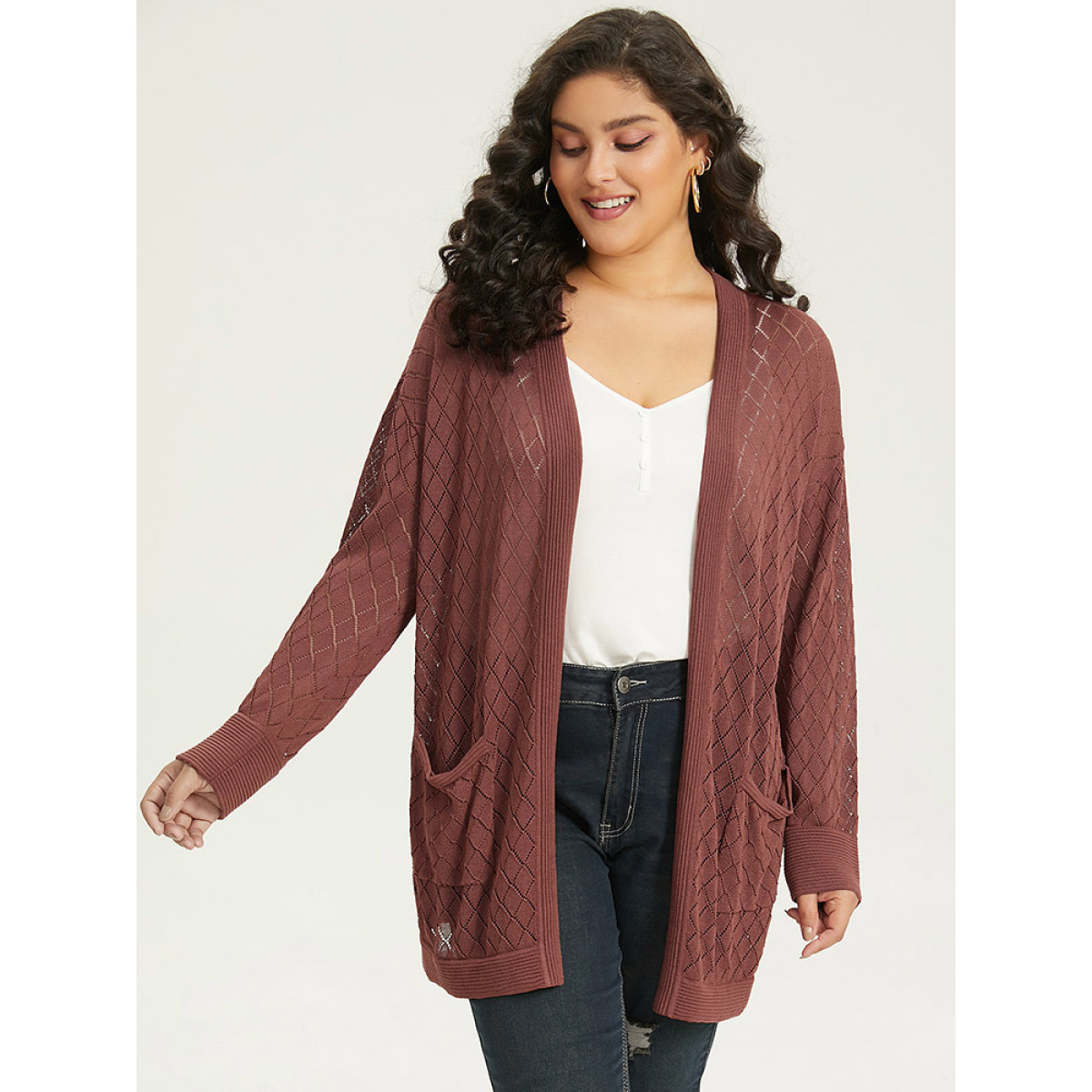 

Plus Size Plain Geometric Hollow Out Pocket Cardigan Rust Women Casual Loose Long Sleeve Everyday Cardigans BloomChic
