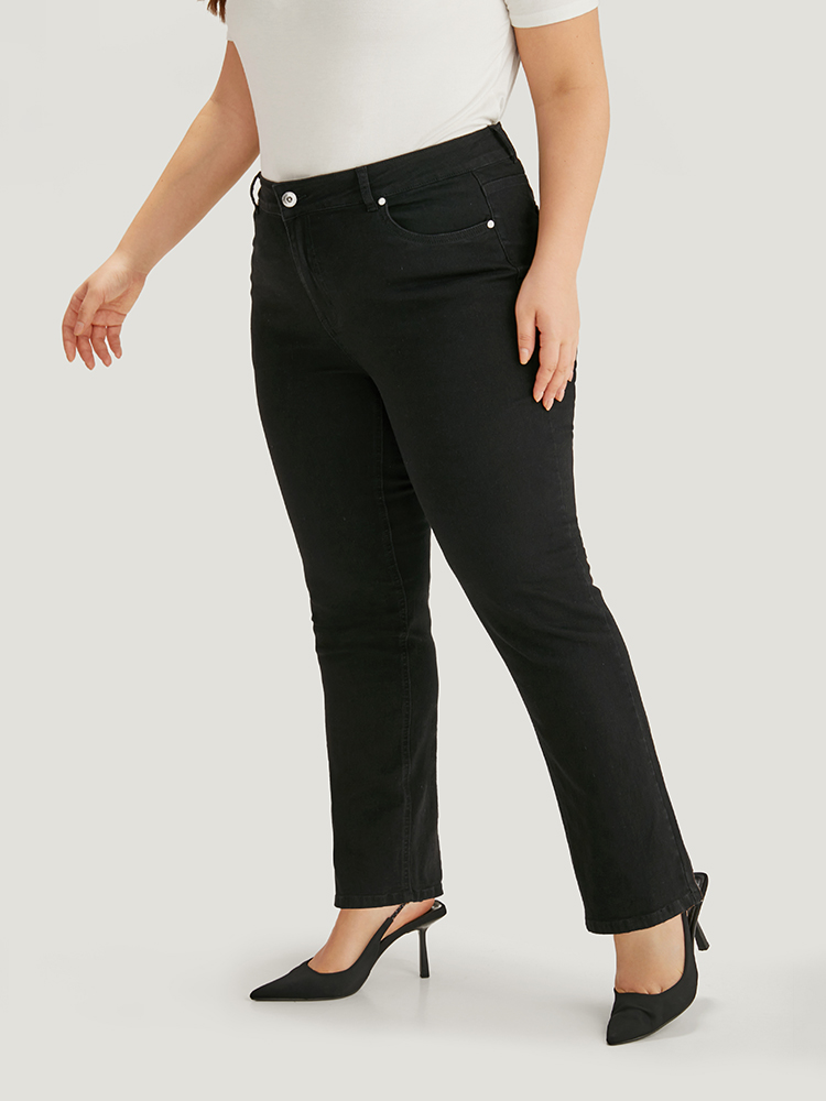 Plus Size Solid High Rise Black Wash Jeans Women Black Casual Plain Plain High stretch Pocket Jeans BloomChic 12/L 