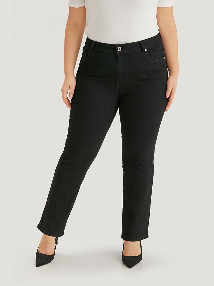 Plus Size Solid High Rise Black Wash Jeans Women Black Casual Plain Plain High stretch Pocket Jeans BloomChic 12/L 