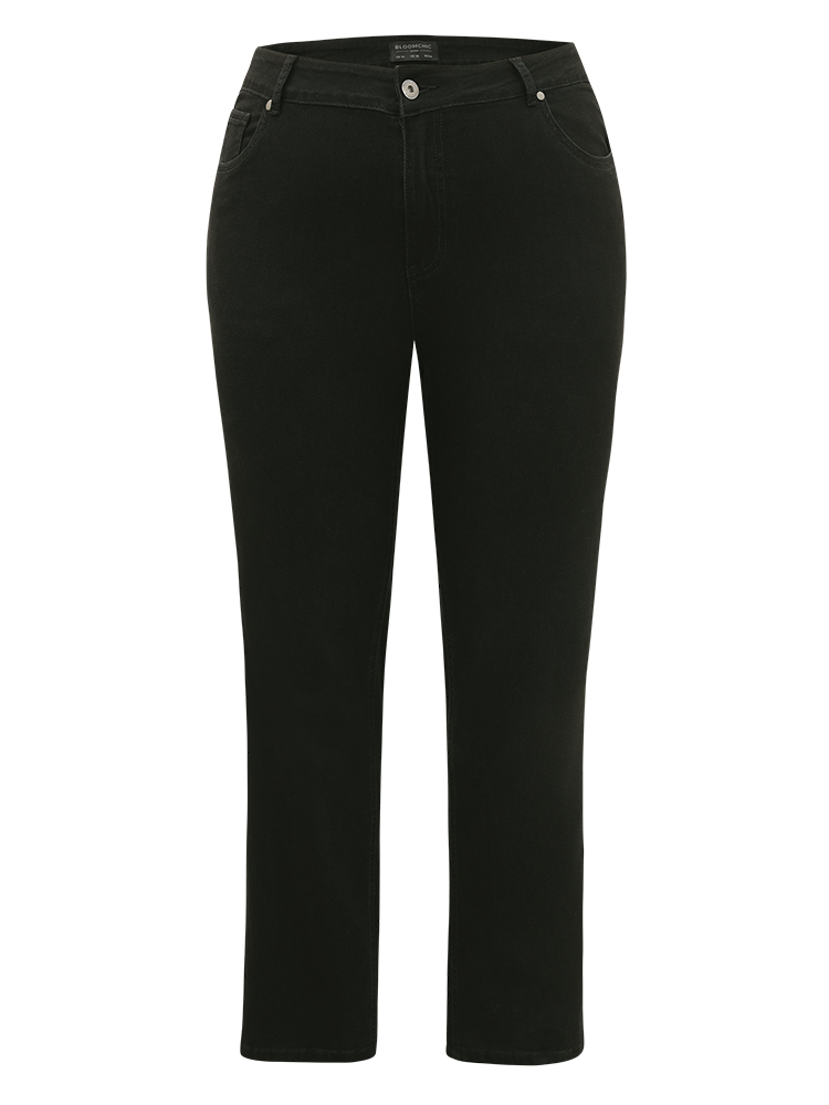 Plus Size Solid High Rise Black Wash Jeans Women Black Casual Plain Plain High stretch Pocket Jeans BloomChic 12/L 